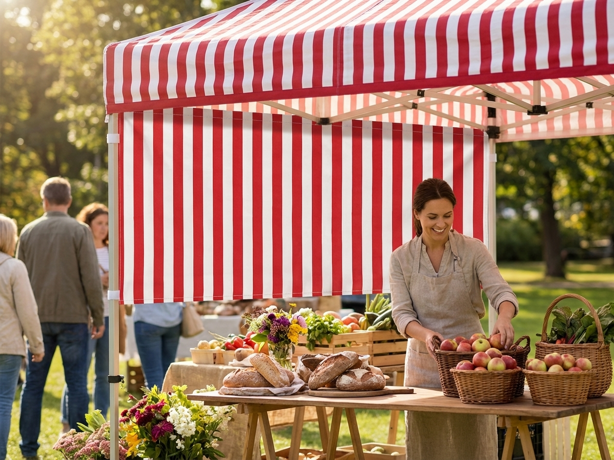 Striped sidewall for event tents in white and red