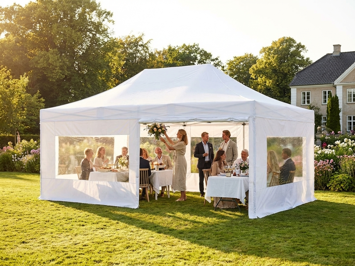 White pop up gazebo 4x6 m with flame retardant features for outdoor events