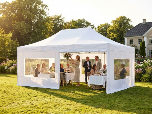 White pop up gazebo 4x6 m with flame retardant features for outdoor events