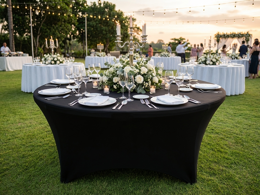 Black stretch table cover fitting a round table, ideal for events - product detail