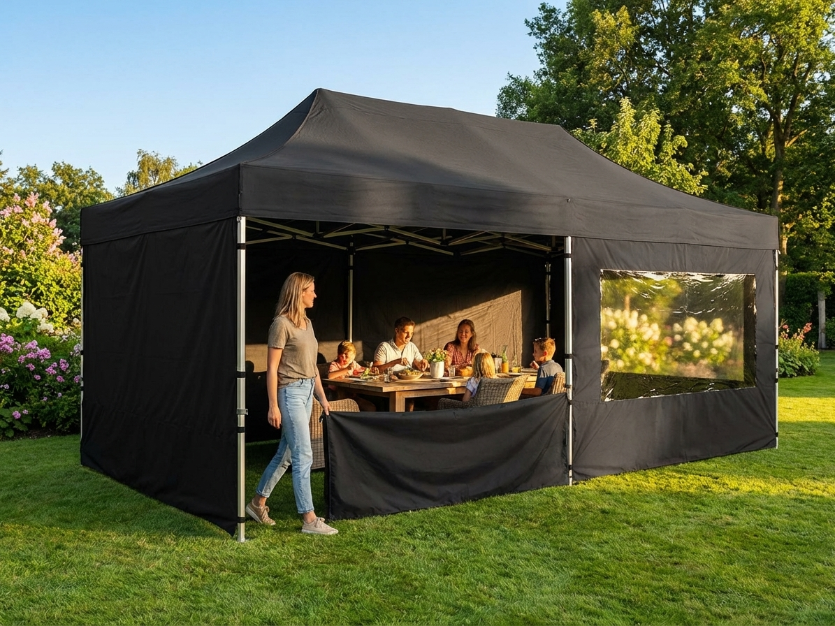 Black gazebo sidewall kit made from polyester PVC, ideal for outdoor use
