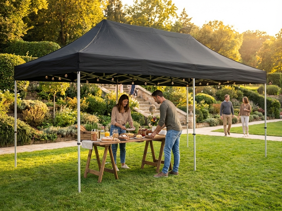 Black pop-up gazebo with flame retardant material for outdoor use - view 3