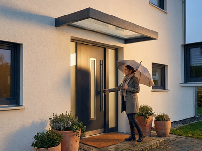 Acrylic canopy with dark grey aluminium frame for outdoor use