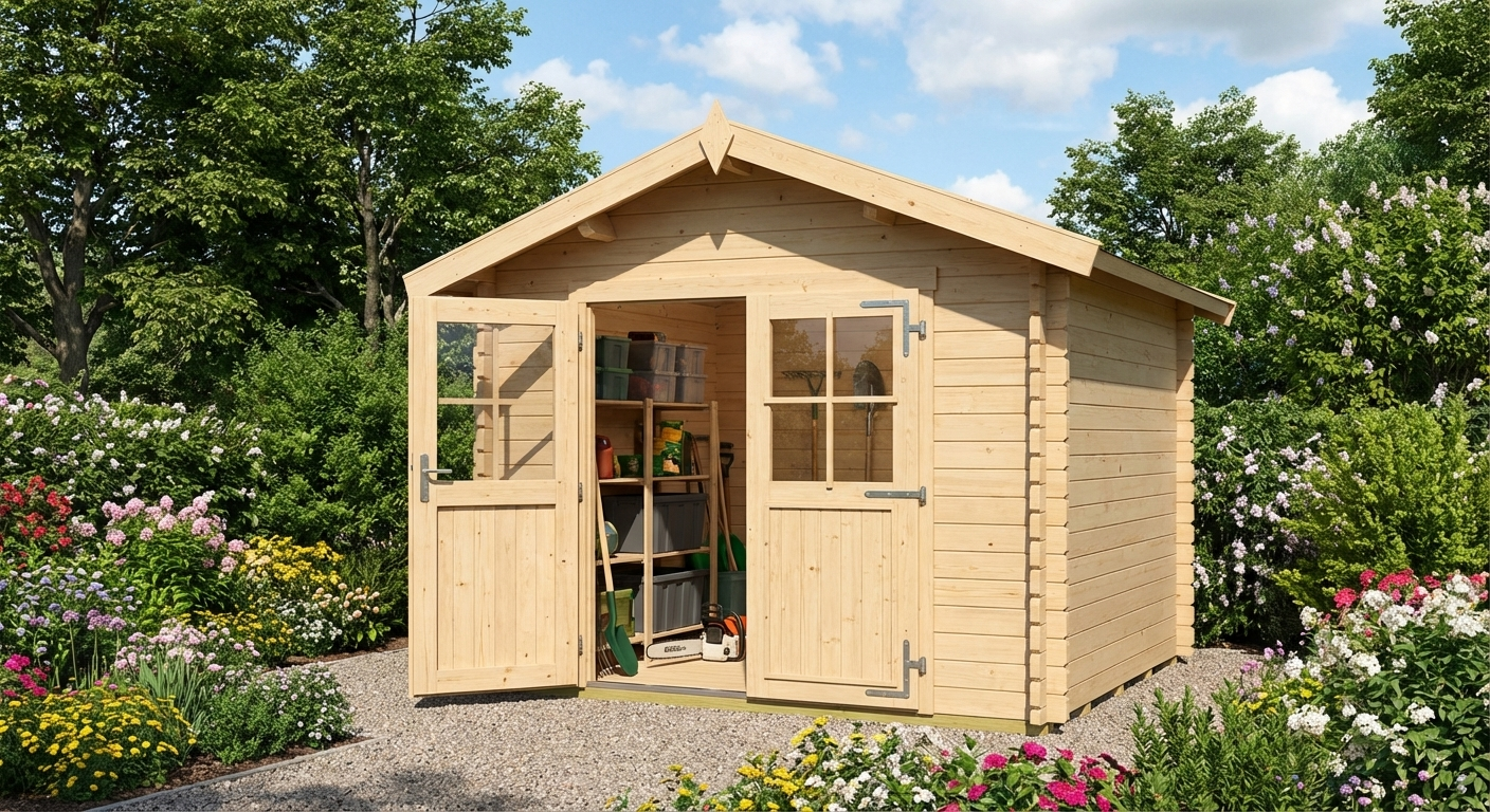 Wooden shed in natural finish made of Nordic Spruce for garden storage