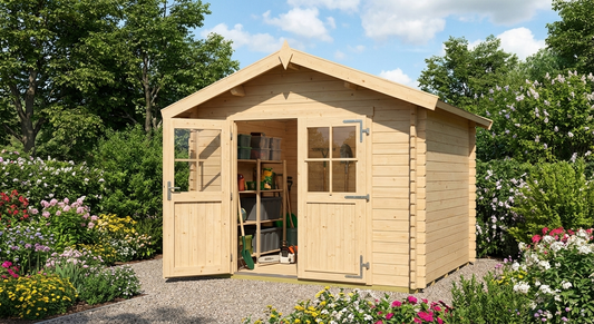 Wooden shed in natural finish made of Nordic Spruce for garden storage