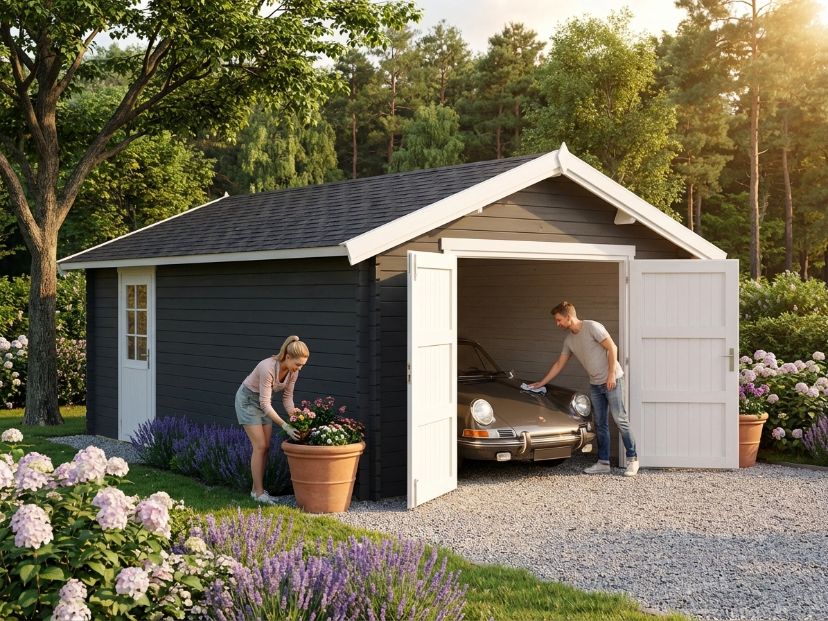 Wooden garage in dark grey with Nordic Spruce material - view 3