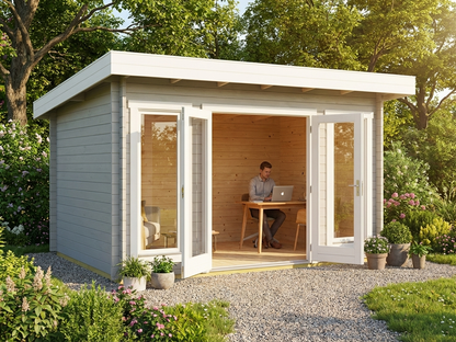 Light grey wooden cabin made from Nordic Spruce, ideal for garden use - product detail