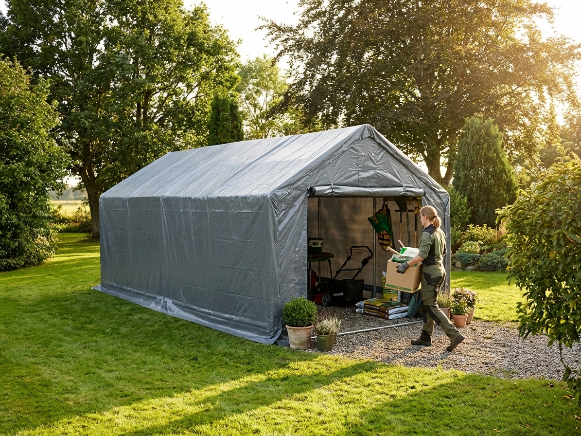 Grey storage shelter 4x8m with polyethylene tarpaulin - view 3