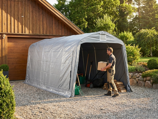 Grey PVC storage tent with steel frame for outdoor use - product detail