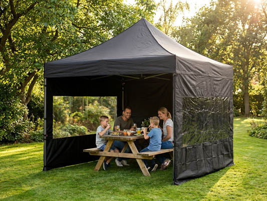 Black pop up gazebo with steel frame for outdoor events