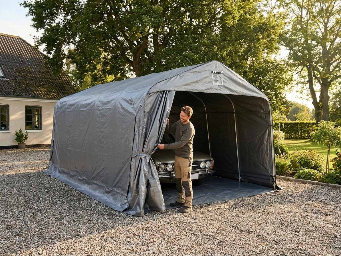 Portable grey garage with polyethylene and steel for outdoor use - view 3