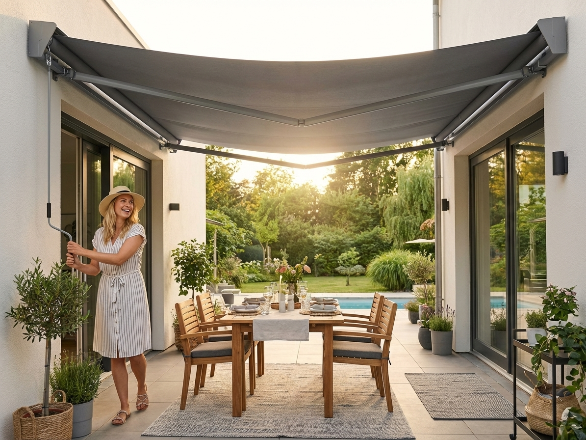 Grey outdoor awning with aluminium frame for patio - view 3
