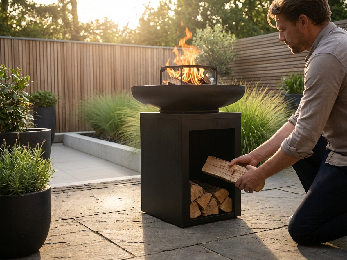 Black carbon steel fire bowl with wood storage for outdoor use - view 3