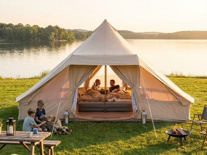 Glamping tent in sand colour, 4x5m, made from cotton canvas for outdoor camping