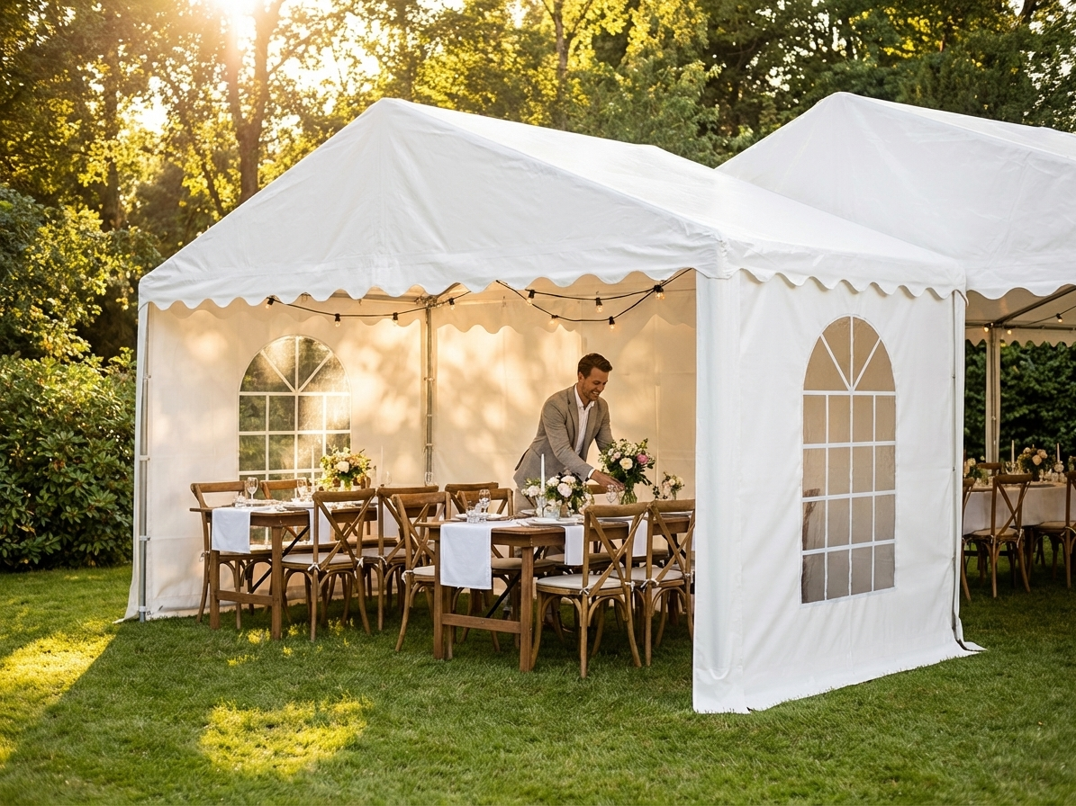 White PVC tent extension with galvanised steel frame for outdoor events
