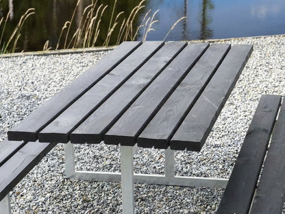 Black picnic table made of pinewood with galvanised steel frame - product detail