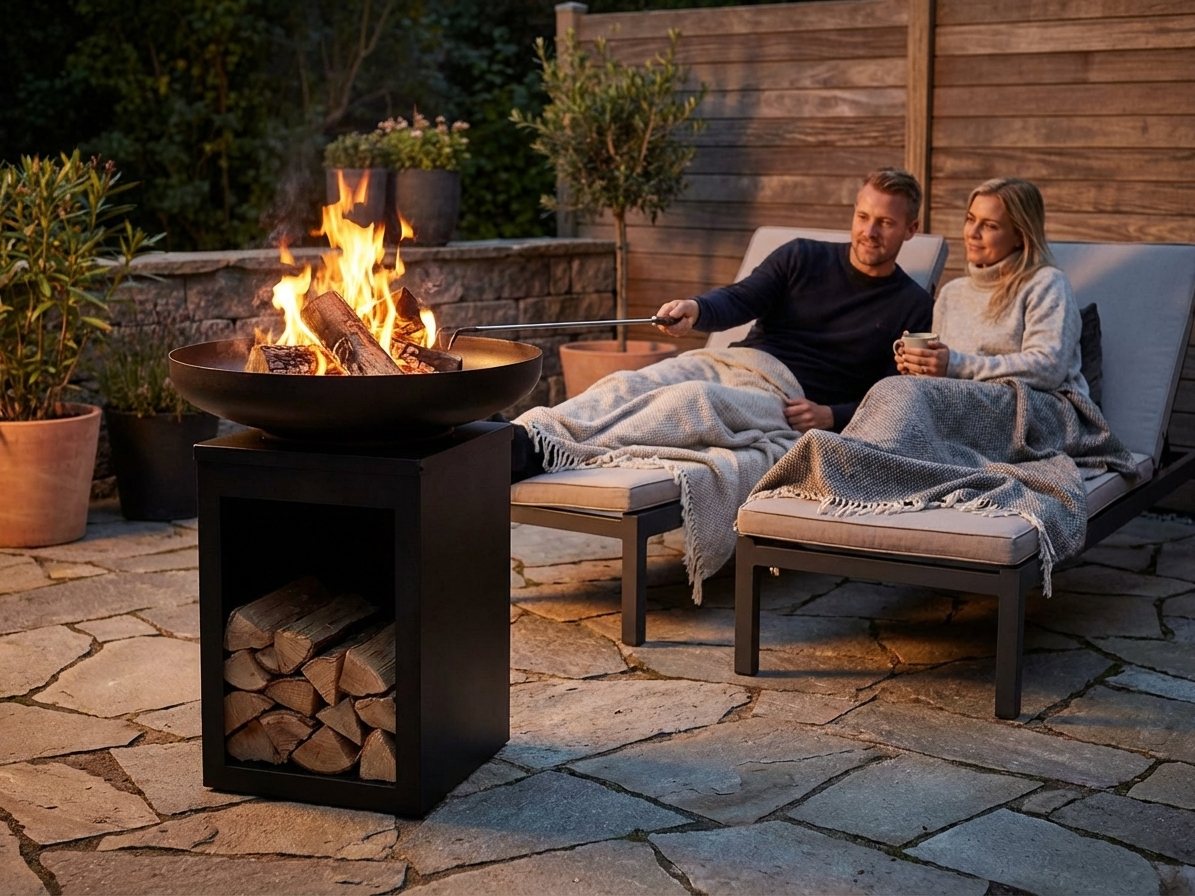 Black carbon steel fire bowl with wood storage for outdoor use - product detail