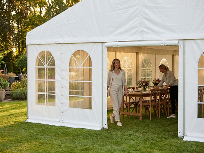 White PVC endwall with large window and wide door for event shelter - view 3