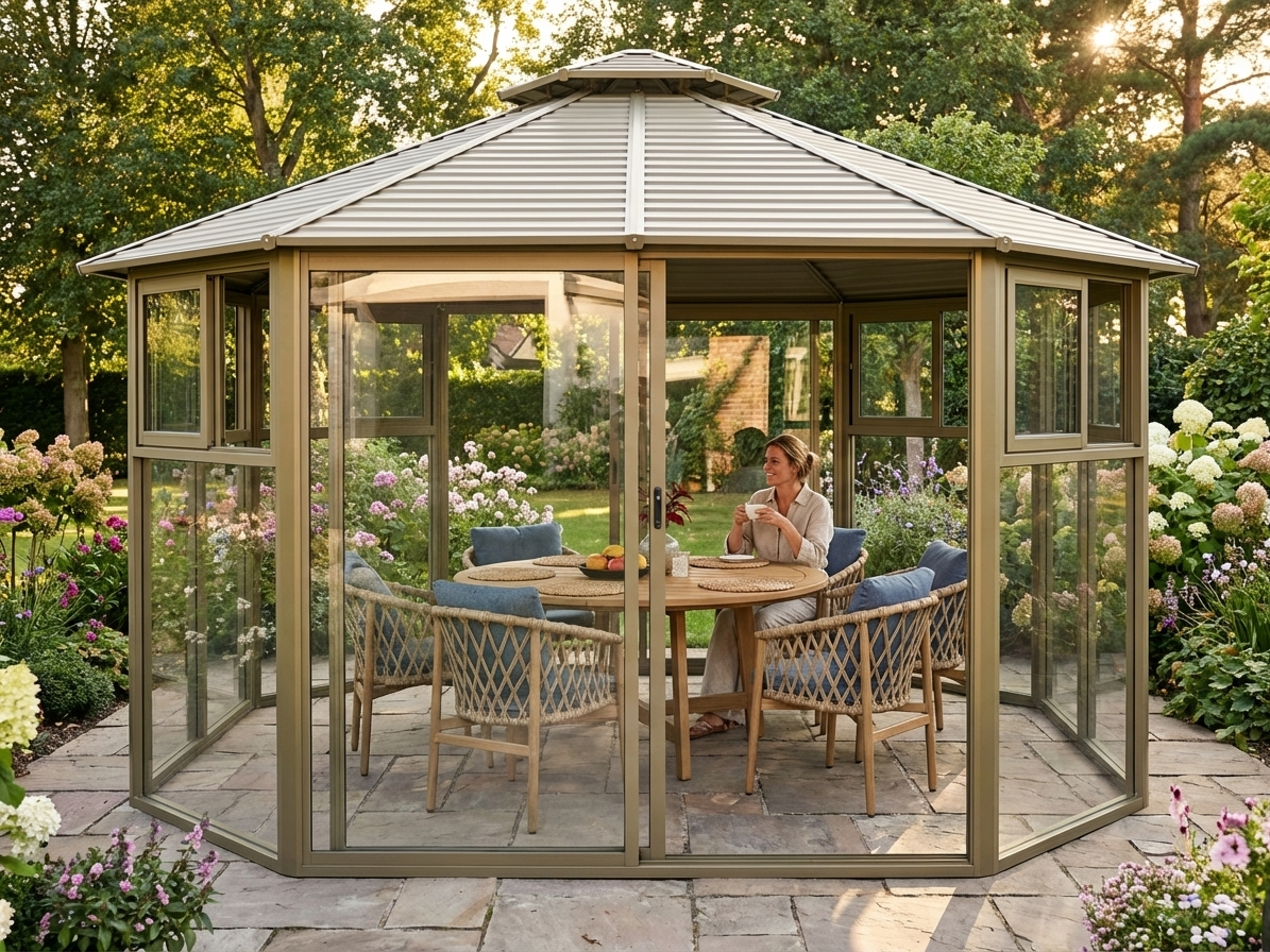 Octagonal gazebo in brass with aluminium frame, outdoor use