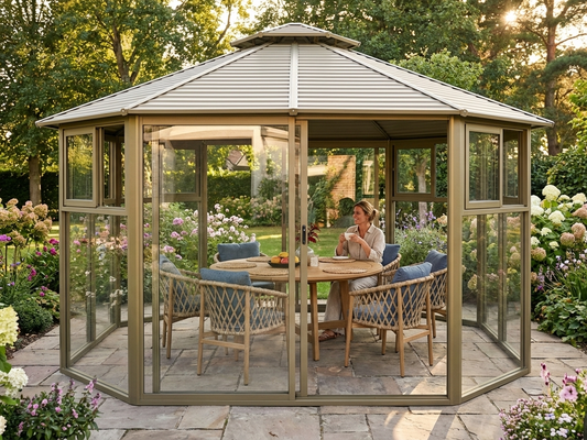 Octagonal gazebo in brass with aluminium frame, outdoor use