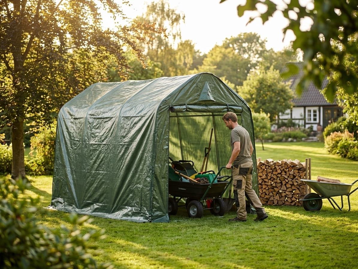 Green storage tent with PE tarpaulin and steel frame - view 3