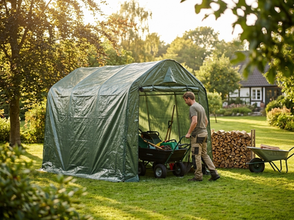 Green storage tent with PE tarpaulin and steel frame - view 3