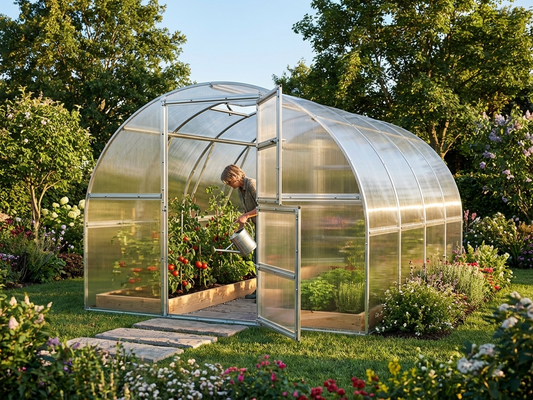 Polycarbonate greenhouse with galvanised steel frame in silver