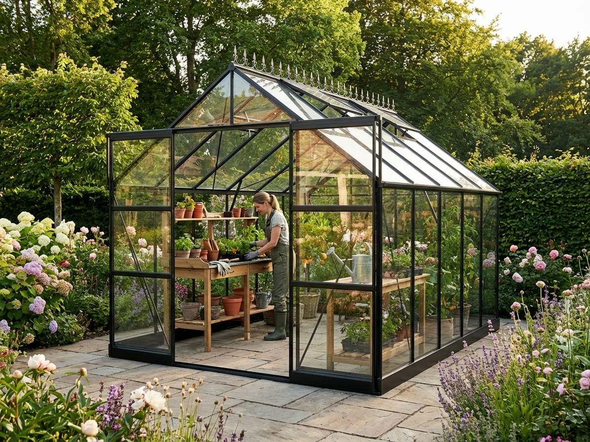 Black greenhouse with glass panels and aluminium frame