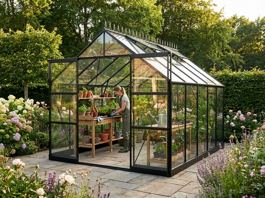 Black greenhouse with glass panels and aluminium frame