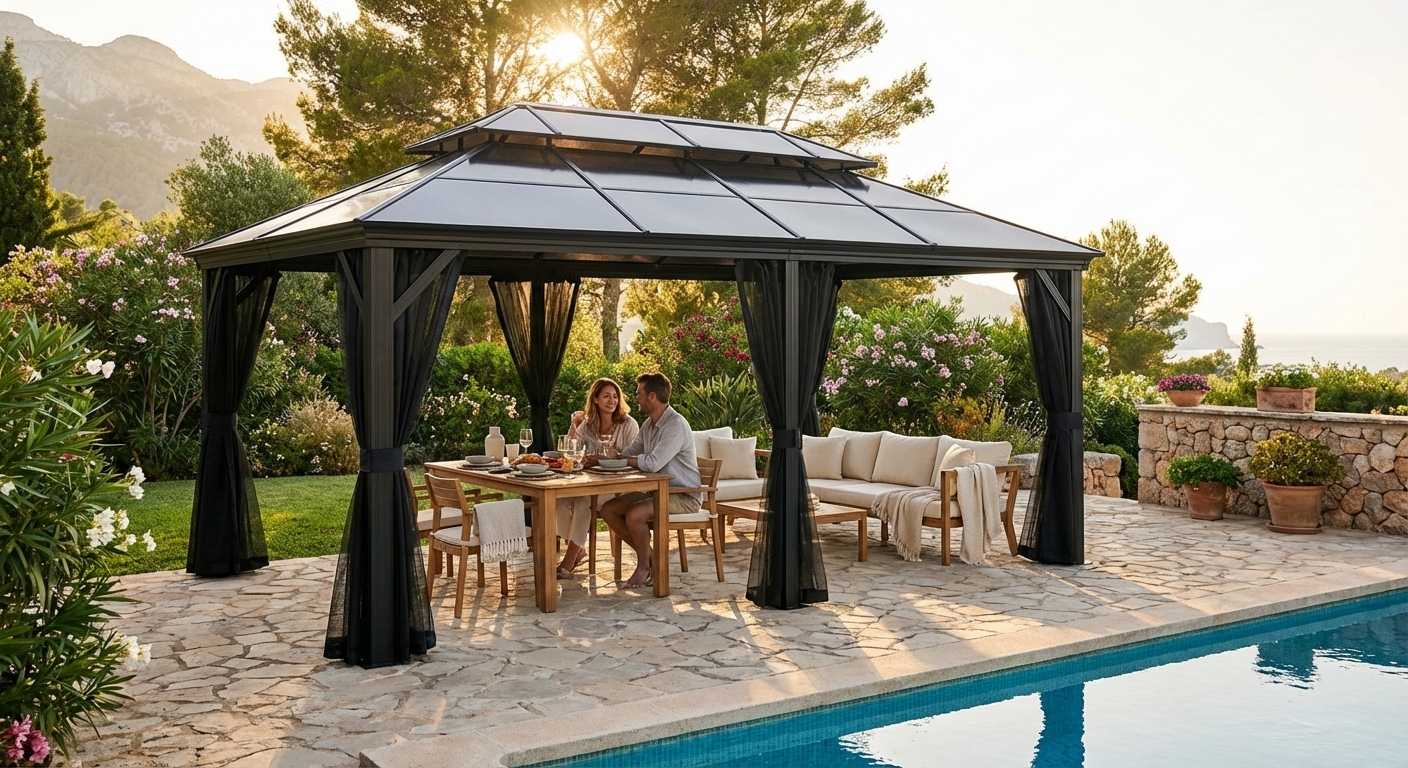 Gazebo in black with aluminium frame and mosquito net - product detail