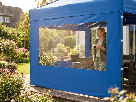 Blue sidewall with panoramic window for event tents