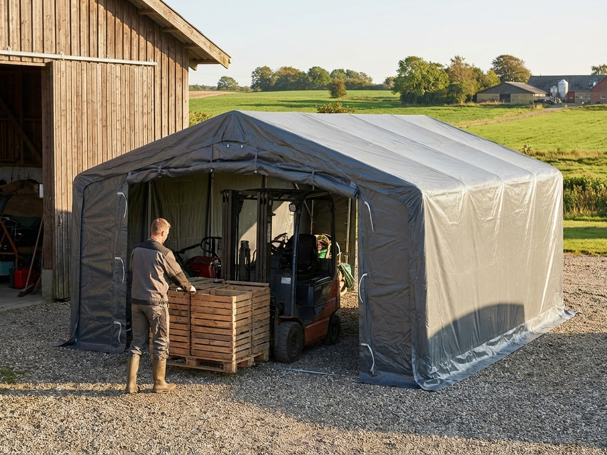 PVC storage shelter with a durable galvanised steel frame in grey, 5x8m
