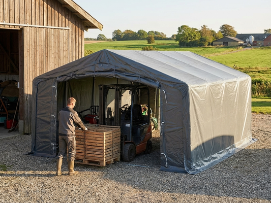 PVC storage shelter with a durable galvanised steel frame in grey, 5x8m