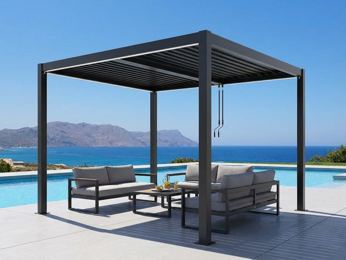 Bioclimatic pergola gazebo in black, 4x4m, aluminium for outdoor use - product detail