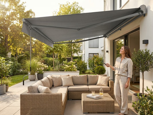 Remote controlled awning in grey with aluminium frame for outdoor use - product detail