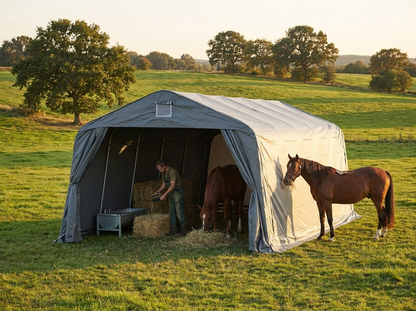 Grey Livestock Shelter in PVC and Steel, 3.6x7.2x2.68 m