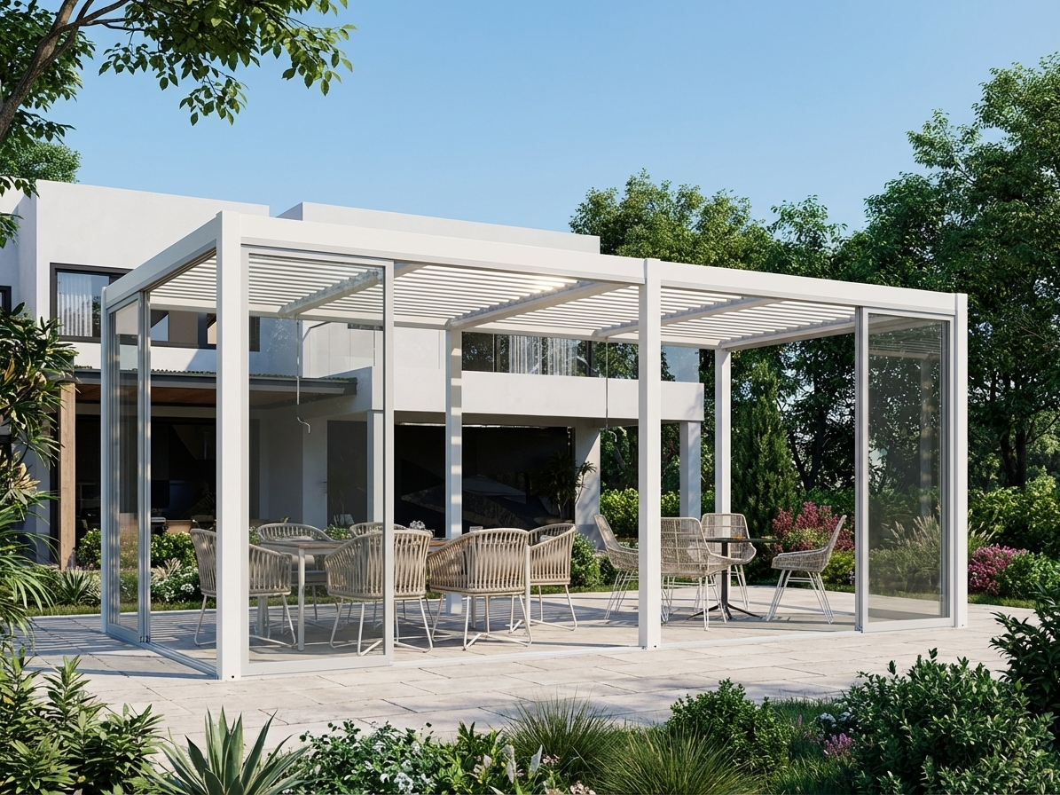 Bioclimatic pergola gazebo with aluminium and glass, 4x5.8m white - product detail