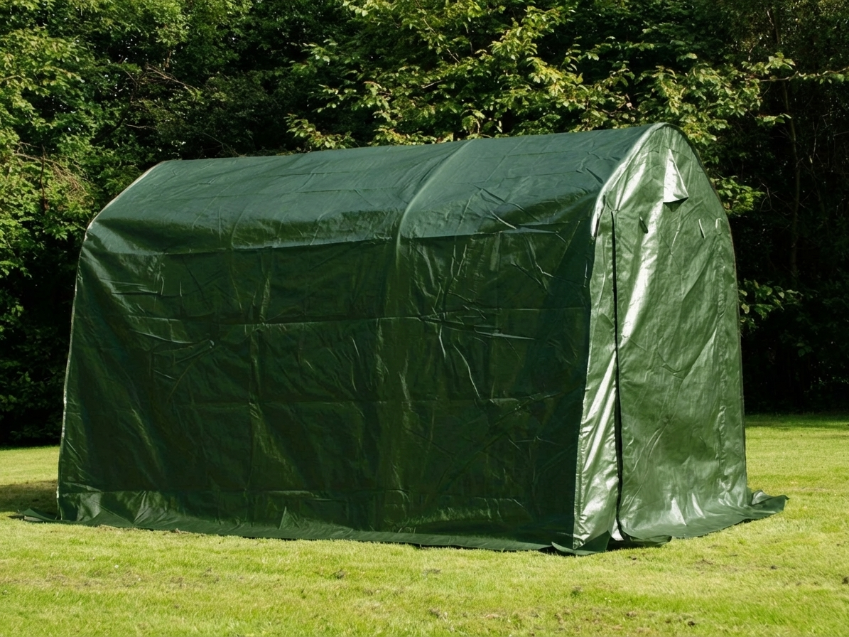 Green storage tent with PE tarpaulin and steel frame