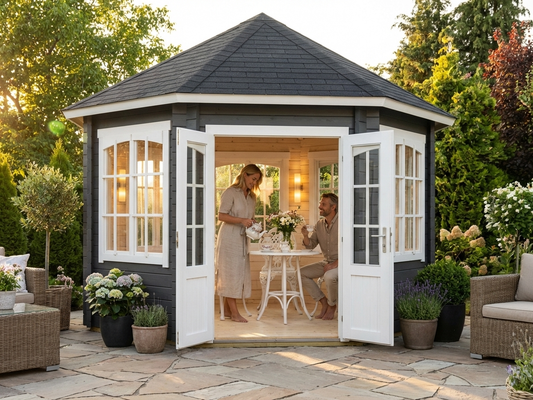 Octagonal wooden gazebo in dark grey, made from Nordic Spruce