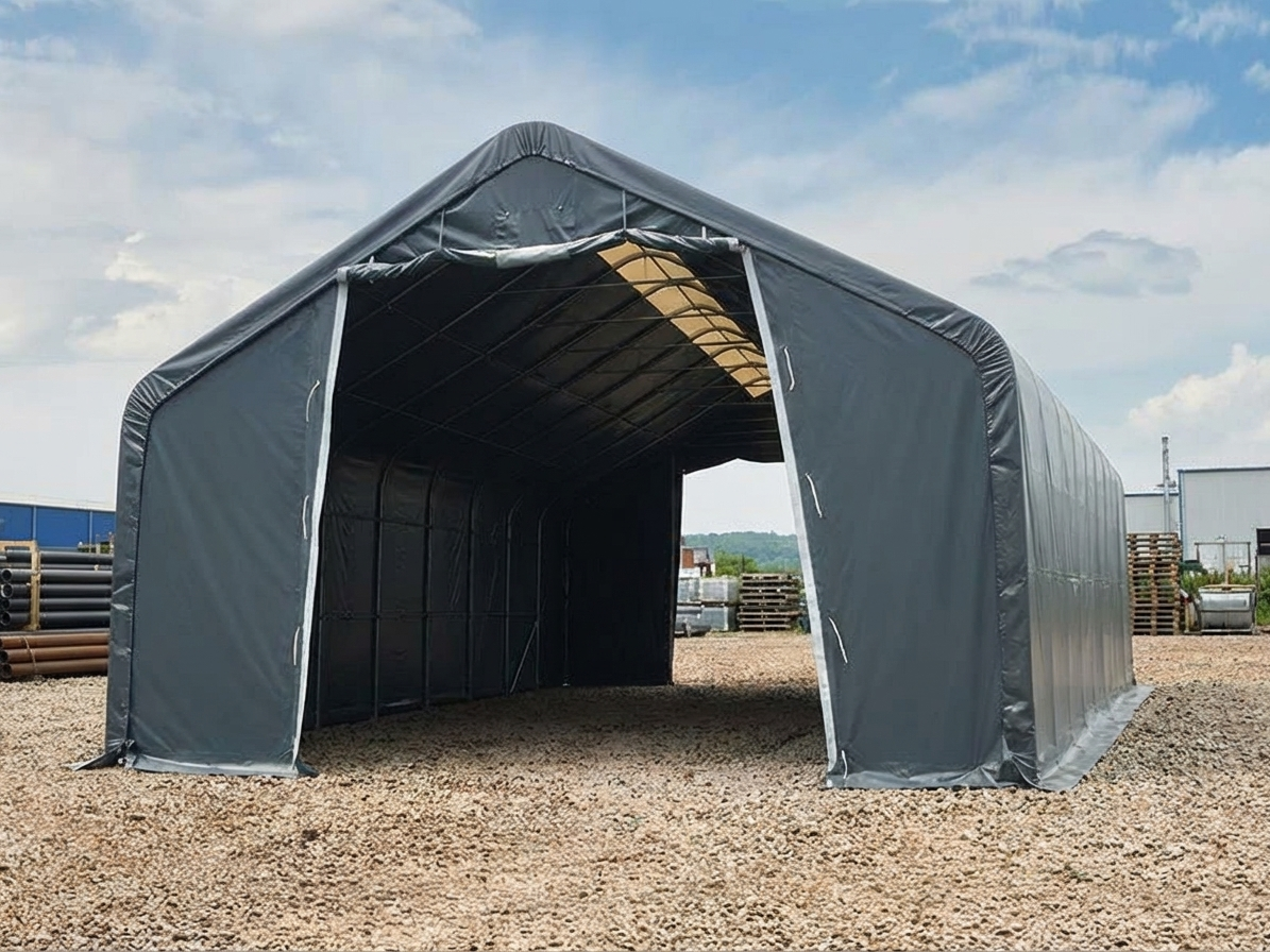Grey storage shelter 8x12x5.2m made of PVC and galvanised steel