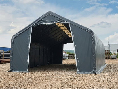 Grey storage shelter 8x12x5.2m made of PVC and galvanised steel
