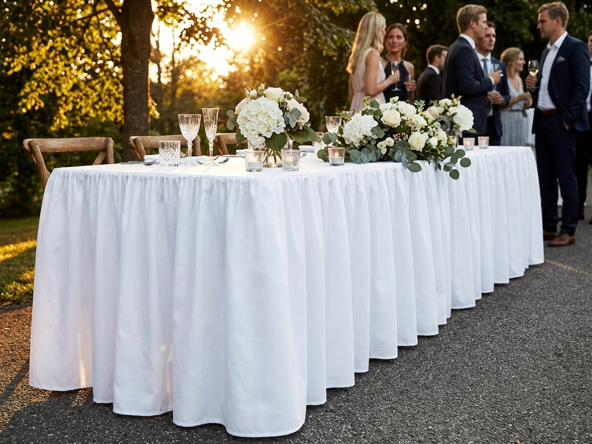 White polyester tablecloth, size 244x76x74 cm, ideal for dining settings - product detail