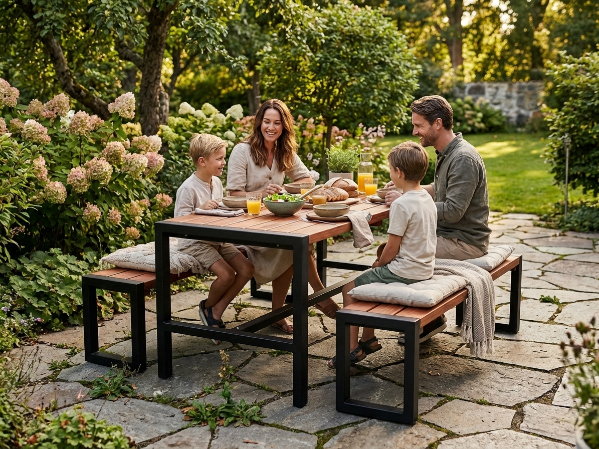 Picnic table set in dark wood with a black steel frame, outdoor use