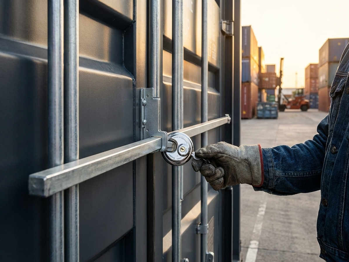 Security bar for container in solid steel