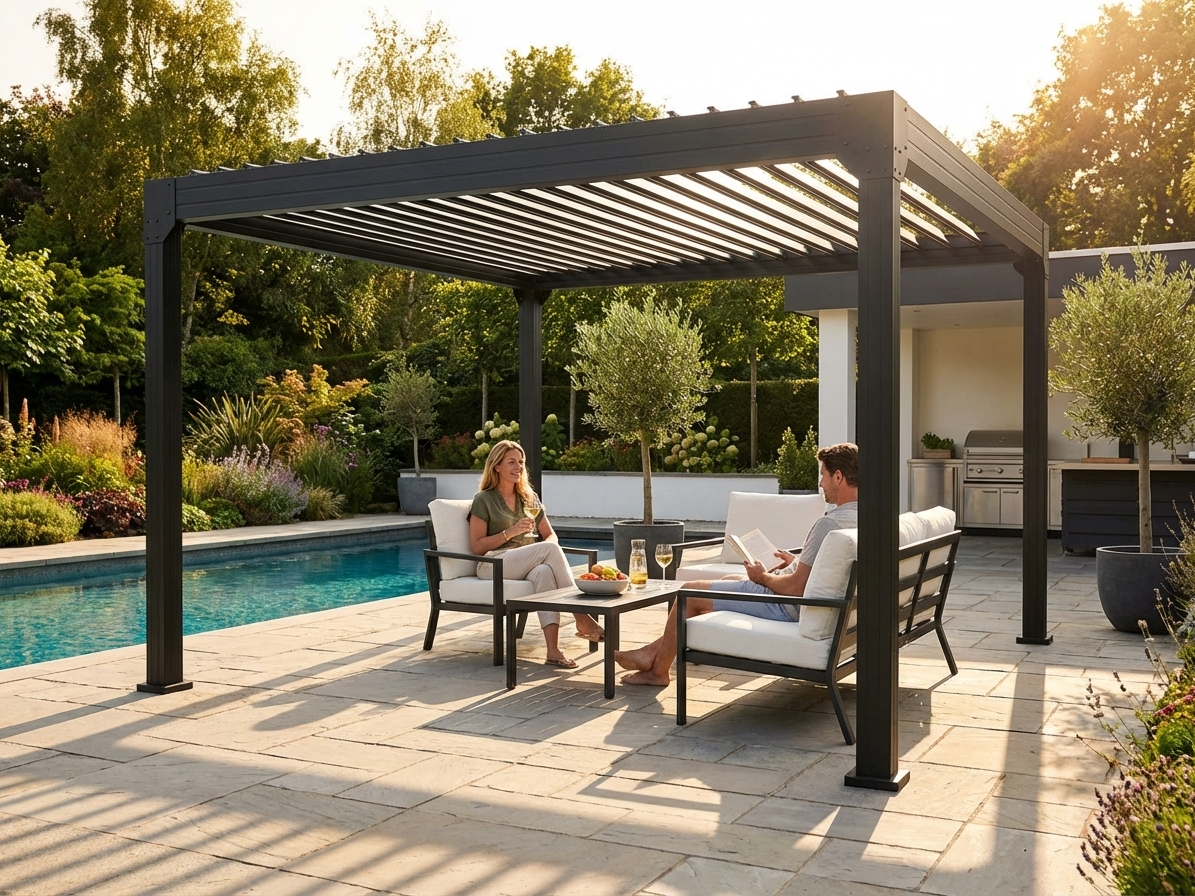 Bioclimatic Pergola Gazebo 4x4 m Black in Garden - view 3