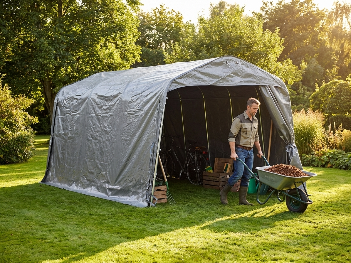 Grey storage tent 2.4x6m with PE tarpaulin and steel frame - product detail