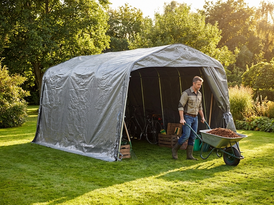 Grey storage tent 2.4x6m with PE tarpaulin and steel frame - product detail