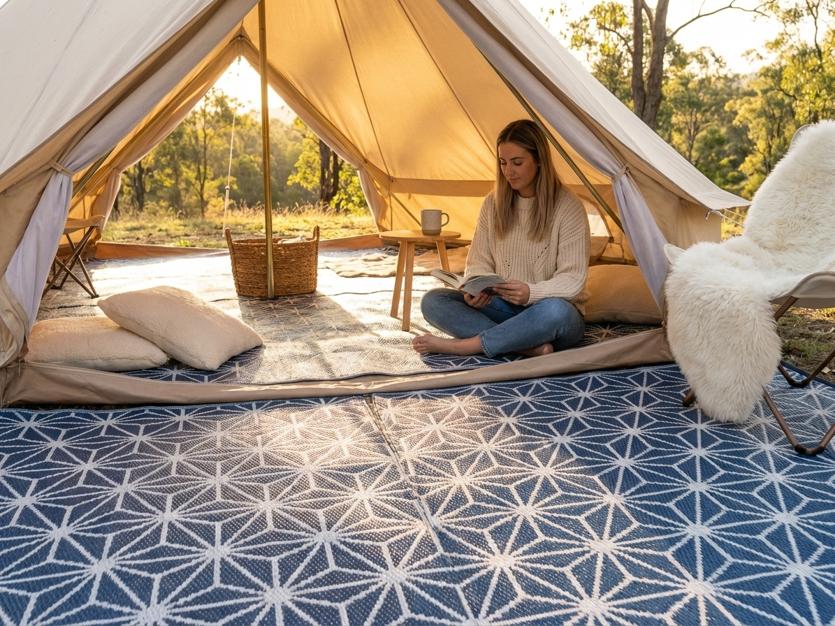 Blue and white polypropylene tent matting for outdoor camping - view 3