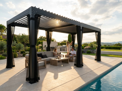 Bioclimatic pergola gazebo with black steel frame and curtains - view 3