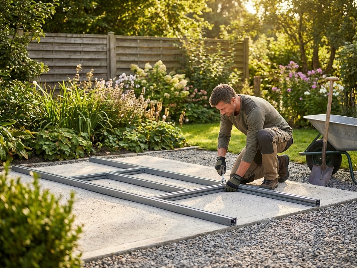 Steel floor frame for garden shed in silver, sturdy support
